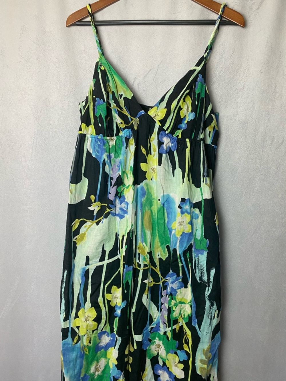 Black Floral Sundress Romantic Summer Boho with Coastal Green & Blue Flowers - Picture 3 of 7